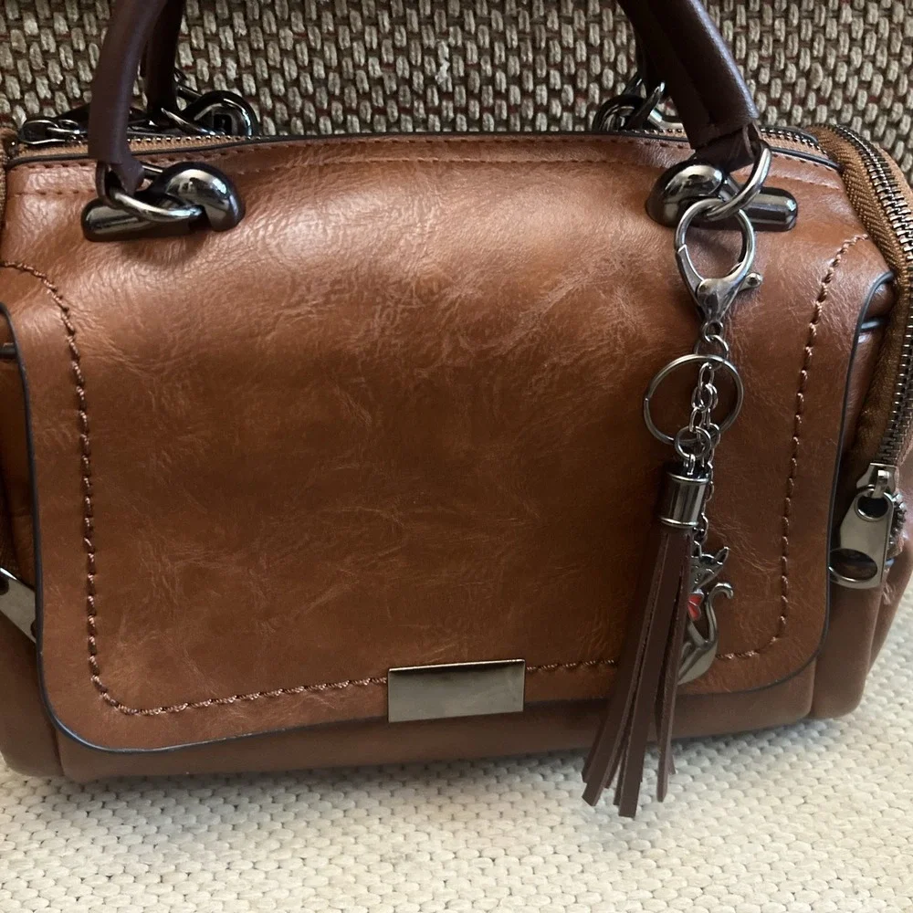 Tassel Shoulder Bag Large Brown Crossbody Purse Zipper & Strap Vegan Charms